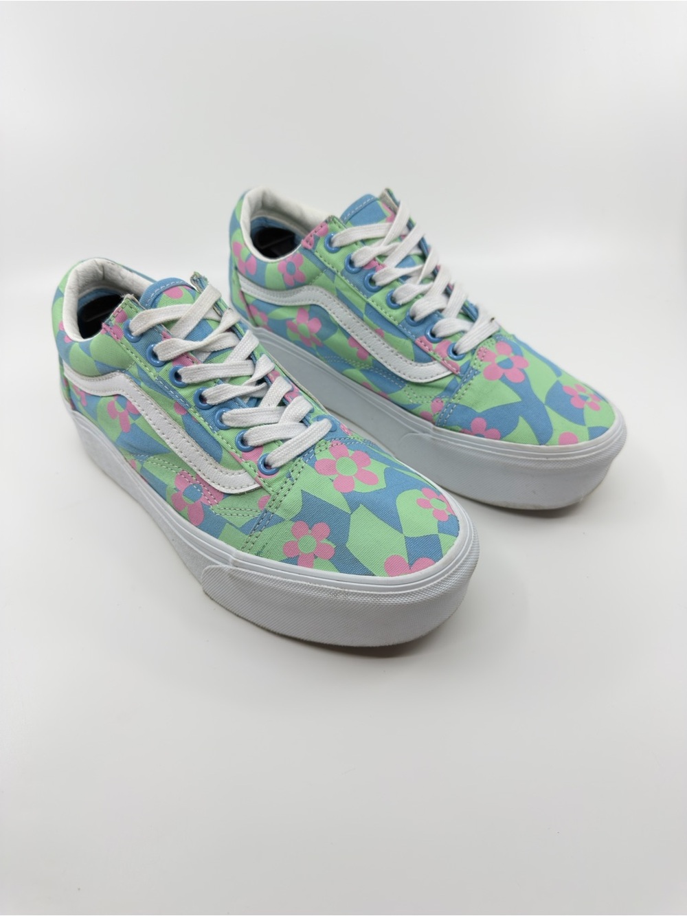 Vans Old Skool Stackform platform in a blue, green, and pink checkerboard floral
